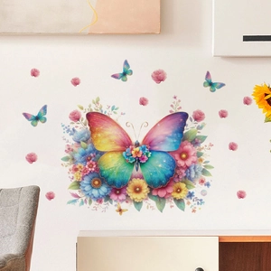 Détail de stickers muraux 3D papillon arc-en-ciel avec fleurs pour décoration de salon