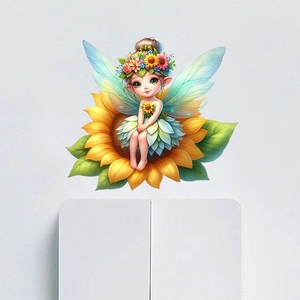 Sticker Mural Fée des Fleurs de Dessin Animé Autocollants en PVC Amovibles Tournesol Champignon Papillon Fille pour Salon Chambre
