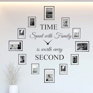 Detail of DIY photo wall clock with black frames and family themed lettering on a white wall