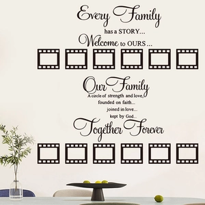 Détail d'autocollant mural familial DIY avec cadres photo noir mat et citations déco