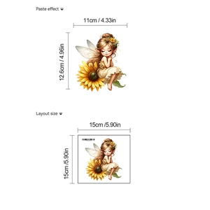 Détail de l'autocollant mural fée sur tournesol avec les dimensions de pose et de mise en page