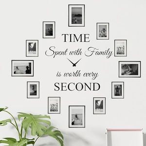 Detail of DIY photo frame wall clock featuring family quotes and minimalist black frames