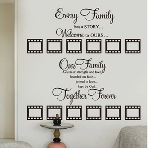 Détail de stickers muraux cadres photo avec citations famille et motifs pellicule