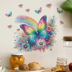 Vue détaillée d'autocollants muraux papillon arc-en-ciel et fleurs pour décor de salon
