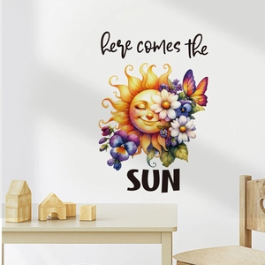 Cartoon smiling sun wall sticker with flowers and Here Comes the Sun text for room decor