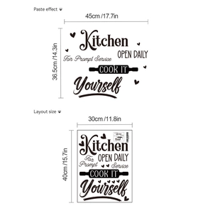 Detail of kitchen wall sticker layout showing dimensions and daily service text