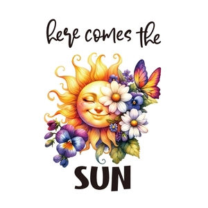 Vibrant cartoon sun wall sticker with flowers and Here Comes The Sun text for home decor