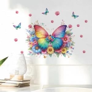 Sticker mural papillon arc-en-ciel coloré avec motifs floraux pour décoration de salon