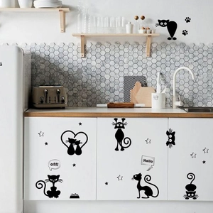 Black cartoon cat silhouette PVC wall stickers for living room and kitchen decor