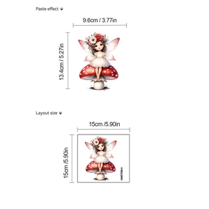 Vue détaillée du sticker mural fée montrant l'effet collé et la taille de 15x15cm