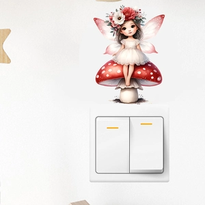 Détail de l'autocollant mural fée sur champignon pour décoration d'interrupteur