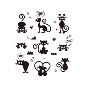 Black cartoon cat silhouette wall stickers set with stars and text for room decor