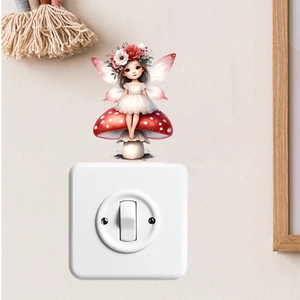 Sticker mural fée papillon dessin animé sur champignon pour chambre