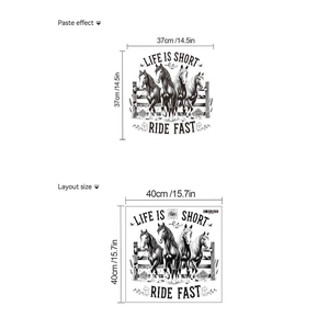 Maßangaben für Pferde-Wandaufkleber mit Life is Short Ride Fast Schriftzug im Detail