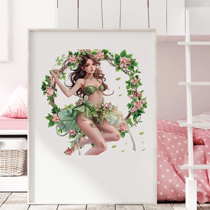 Autocollant mural fille anime avec couronne de fleurs pour décor de chambre de fille cosy