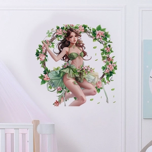Autocollant Mural Fille De La Forêt Couronne Florale Amovible PVC Auto-Adhésif Décoration Murale Pour Chambre Salon Maison