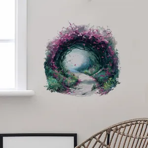 Artistic wall decal featuring a purple floral archway path on a light gray living room wall