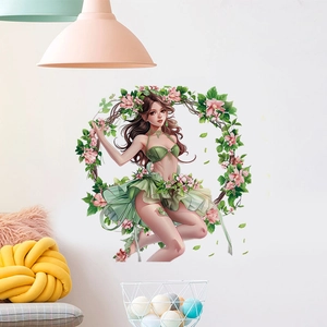 Sticker mural fée de la forêt avec couronne de fleurs pour décor de salon