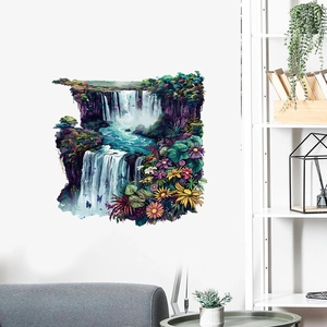 Detail of vibrant tropical waterfall wall sticker with exotic flowers and flying birds