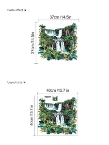 Detail showing tropical waterfall wall sticker layout size and paste effect dimensions