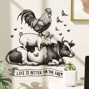 Detail der PVC-Wandaufkleber mit handgezeichneten Farmtieren und Life is Better Text