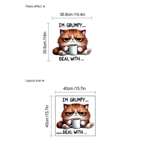 Dimensions détaillées du sticker mural chat colérique avec café et texte anglais