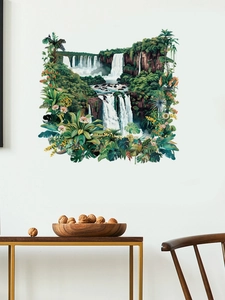 Detail of a tropical waterfall wall sticker featuring palm trees and lush greenery