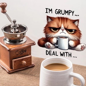 Détail d'un sticker mural chat grincheux avec tasse de café dans un décor de maison chaleureux