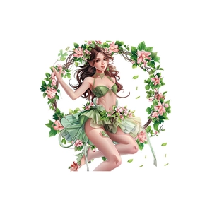 Sticker mural fille de la forêt avec couronne florale feuilles vertes et fleurs roses PVC