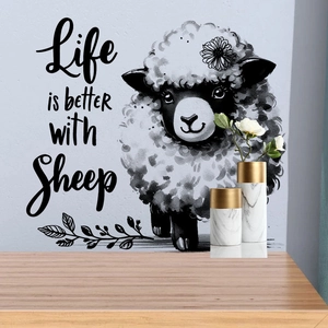 Detail der Zeichentrick-Schaf-Wandaufkleber mit Life is better with Sheep-Text und Blumen