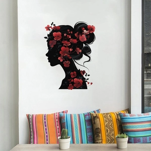 Adesivo murale elegante silhouette di donna con fiori rossi per arredo soggiorno moderno