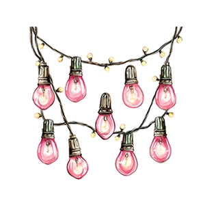 Pink watercolor bulb wall stickers for festive holiday decor featuring black wire design