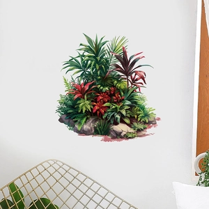 Tropical green plants and red leaves wall sticker with rock base on a white wall