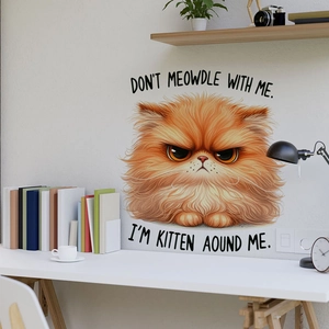 Detail of creative orange cat wall decal with humorous puns on white office wall