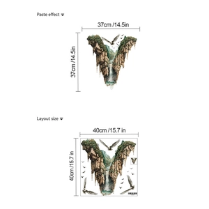Comparison showing layout size and final paste effect of waterfall mountain wall sticker