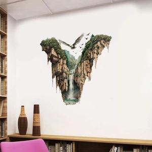 Detailed view of 3D V-shaped waterfall mountain wall sticker in modern living room