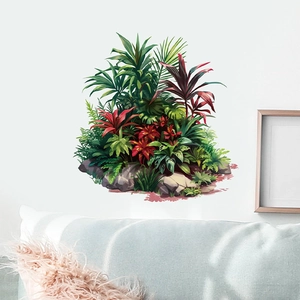 Detail of tropical plant wall stickers with palm leaves, monstera and realistic rock base