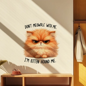 Close-up of angry orange cat wall sticker with witty puns for home decoration