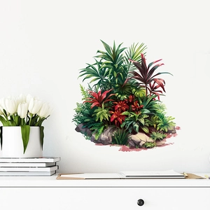 Detail view of tropical palm leaves and red flower PVC wall stickers for home decor