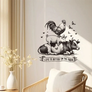 Wandtattoo Bauernhof Tiere mit Schwein Kuh Hahn und Life Is Better On The Farm Spruch