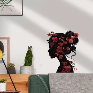 Adesivo murale silhouette di ragazza con fiori rossi per decorazione soggiorno