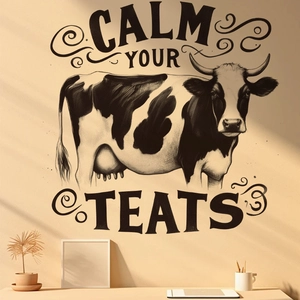 Wandtattoo mit Cartoon-Kuh und Calm Your Teats Spruch für minimalistische Deko