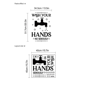Layout und Maße für Wash Your Hands Badezimmer Wandaufkleber aus schwarzem PVC