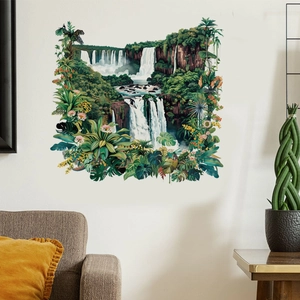 Self-adhesive tropical rainforest waterfall wall sticker with plants and birds decor