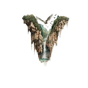 Nature scenery wall sticker featuring waterfall forest and mountain in letter shape
