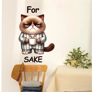 Sticker mural chat grincheux avec café et texte humoristique pour décor intérieur