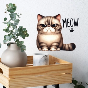 Sticker mural chat de dessin animé avec texte MEOW pour décoration de salon
