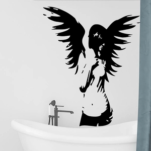 Minimalist wall decal featuring a winged girl silhouette in a modern bathroom setting