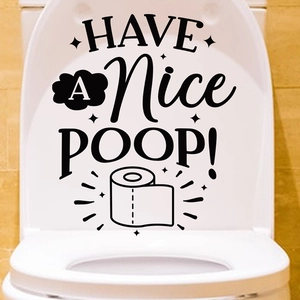 Macro shot of waterproof black Have a Nice Poop vinyl toilet lid decal on white seat