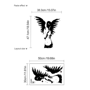 Black angel silhouette wall sticker decoration showing layout and finished display size